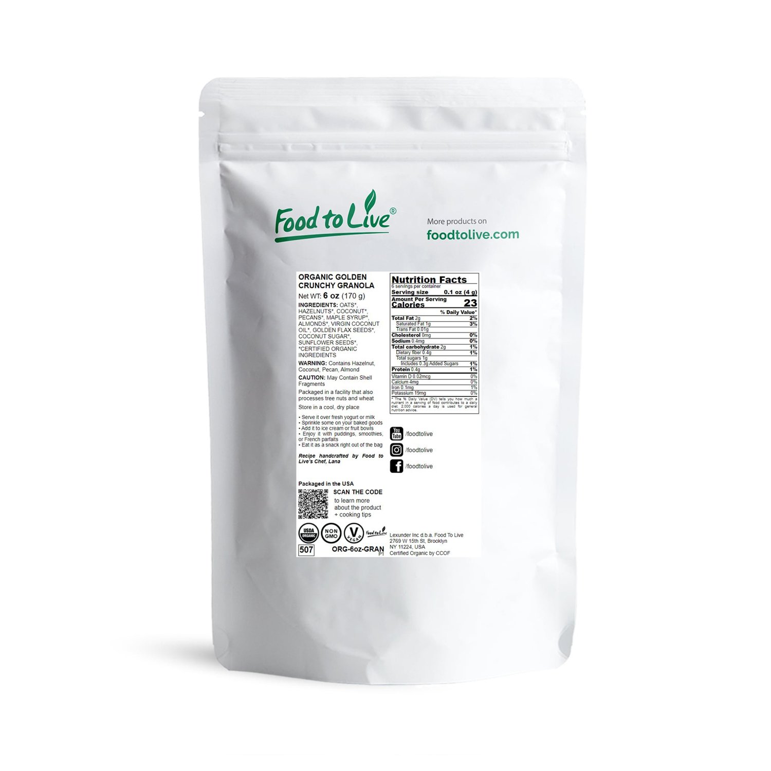 Organic Golden Crunchy Granola, 6 Ounces — Non-GMO, Vegan, Kosher — by Food to Live - Image 2